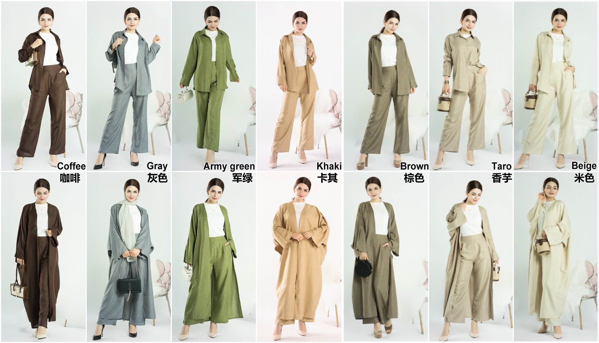 1604#+1605# Ramadan Design Islamic Clothing Linen Fabric Turkey Abaya Set Top and Pant 2PCS Set
