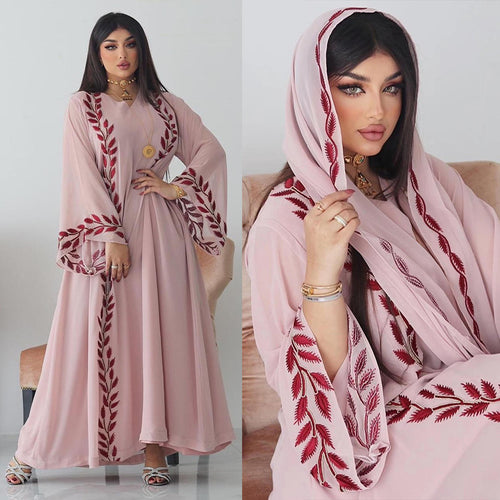 001#Chiffon Long Muslim Embroidery Round Neck Dress With Scarf