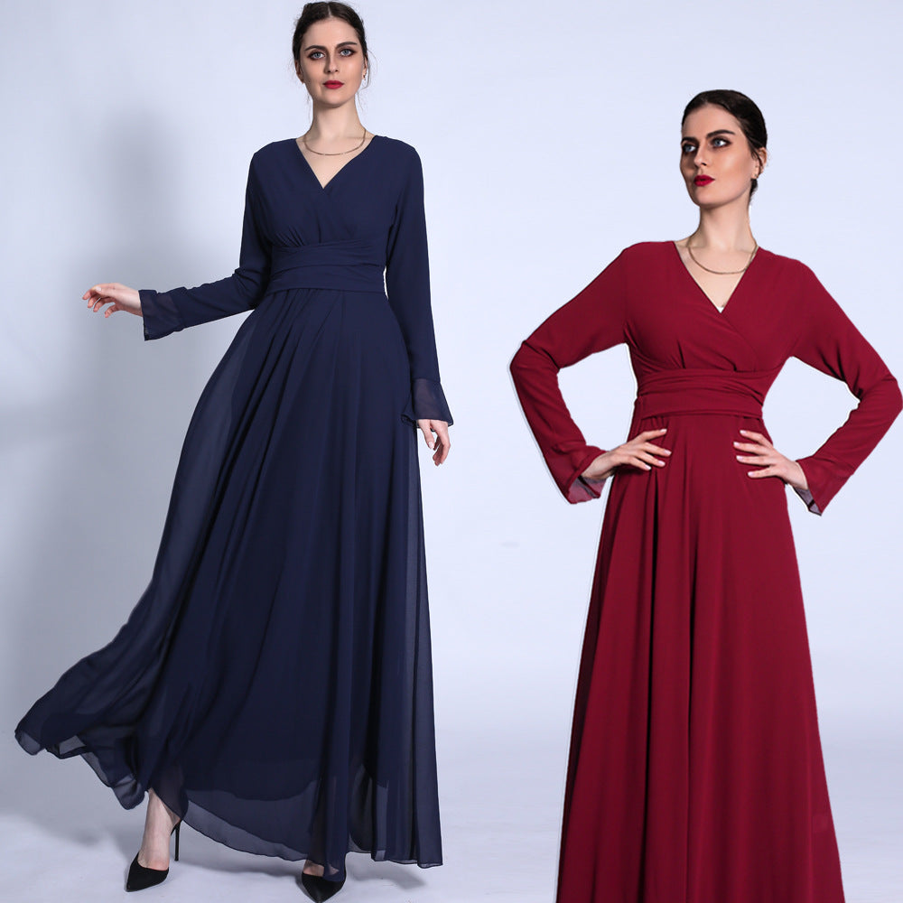 G1330#Autumn new V-neck chiffon solid color muslim dress
