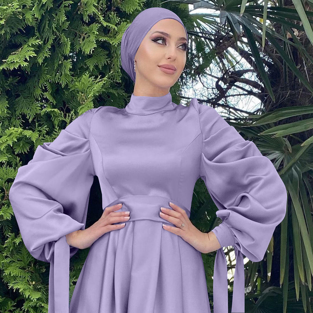 1488#Muslim dress elegant satin muslim prom dress with ribbon