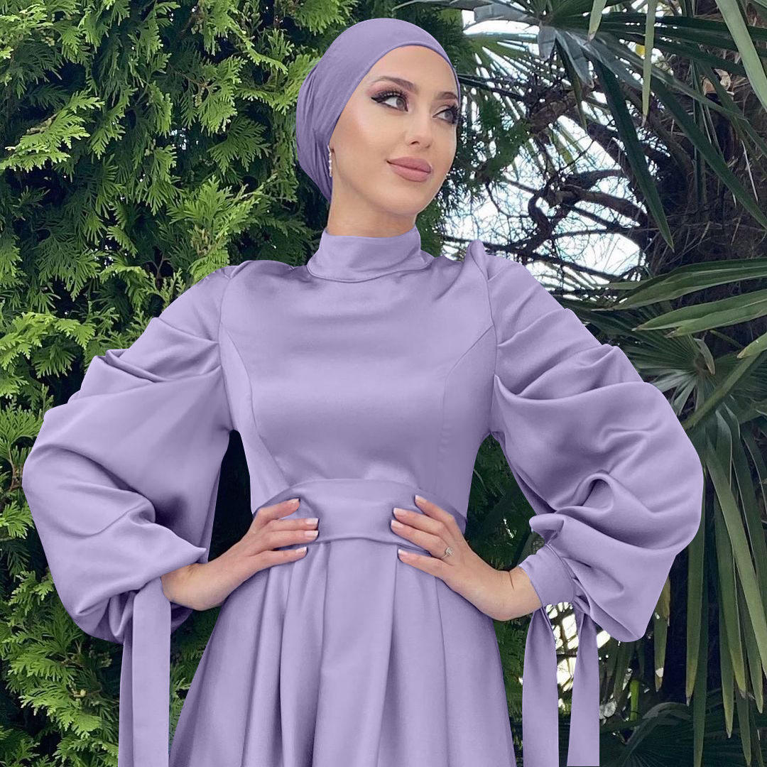 1488#Muslim dress elegant satin muslim prom dress with ribbon