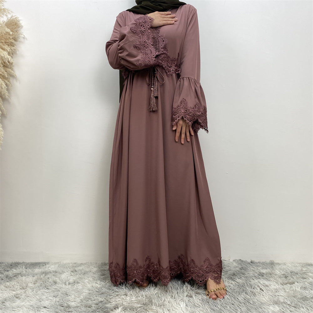 16001# closed abaya long sleeve modesty women a-line fashion dresses for eid 2 colors