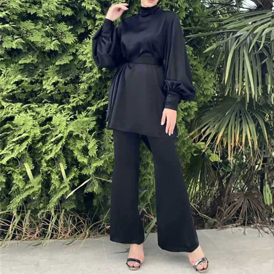 5A6F1# Modest Abaya Set for Muslim Girls Abaya Top and Pants Two Pieces Set