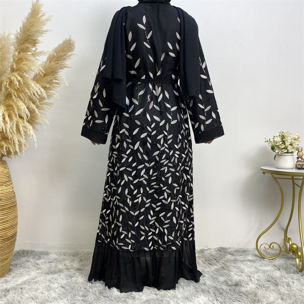 711#Sequins black abayas long robe for muslim women
