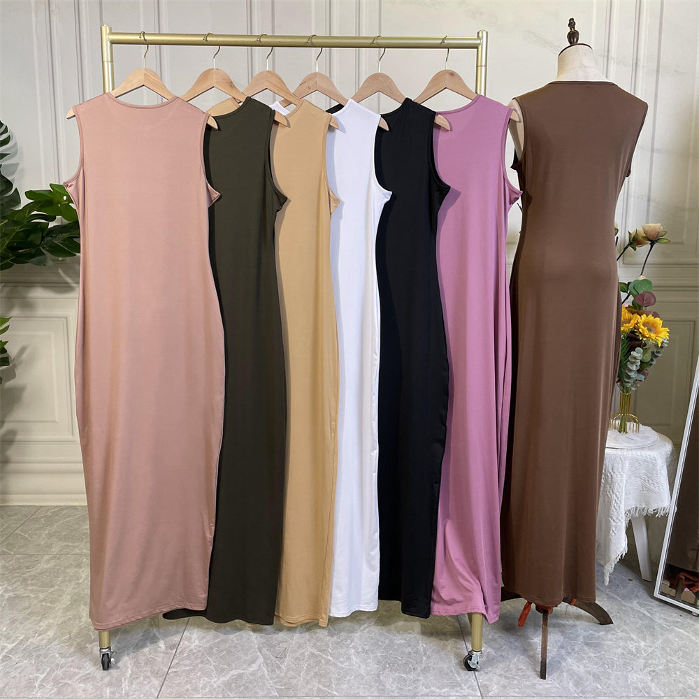 6565#Abaya summer Sleeveless Dress Muslim Ladies Knit Sling Long Dress