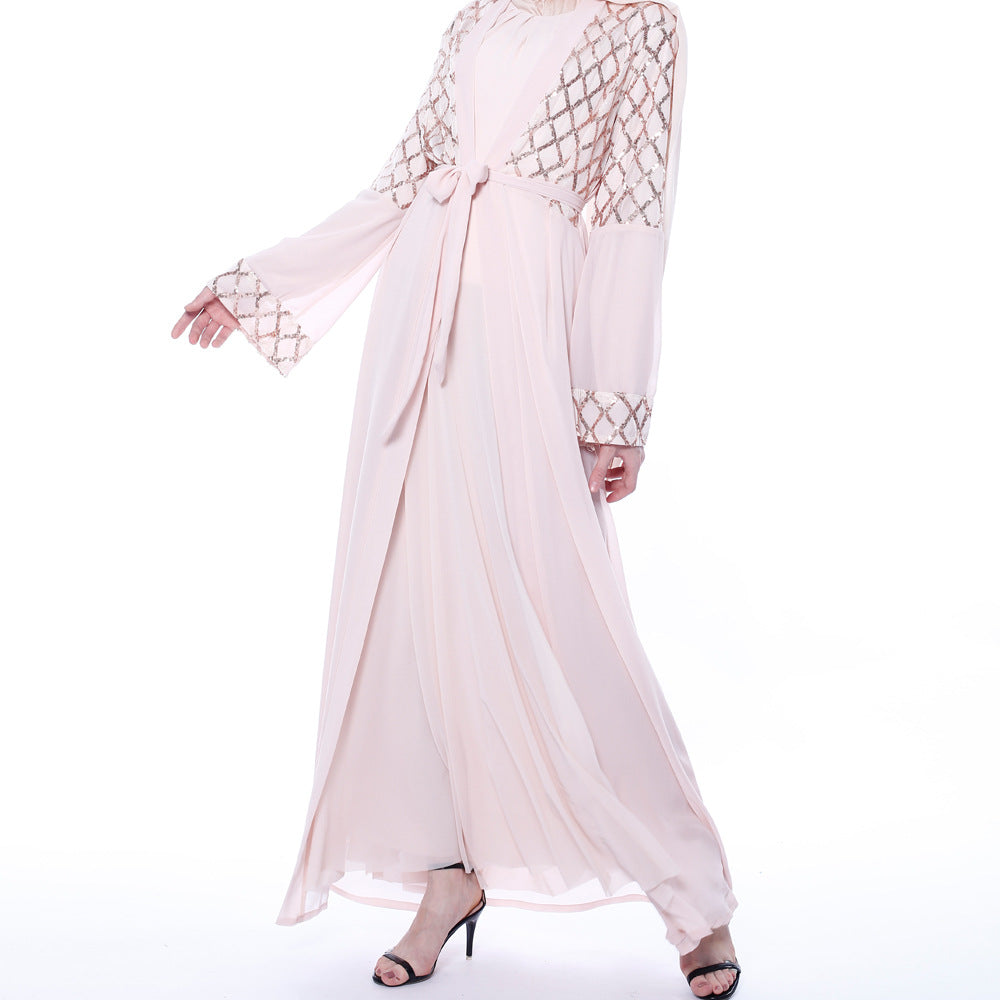 G9707#Muslim Women's Chiffon Cardigan Open Sequin Dubai Abaya