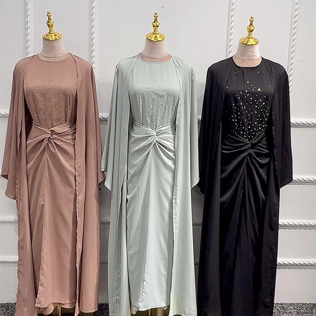 1506#3pcs Set Kimono Muslim Matching Outfit Cardigan Dress Wrap Skirt Set