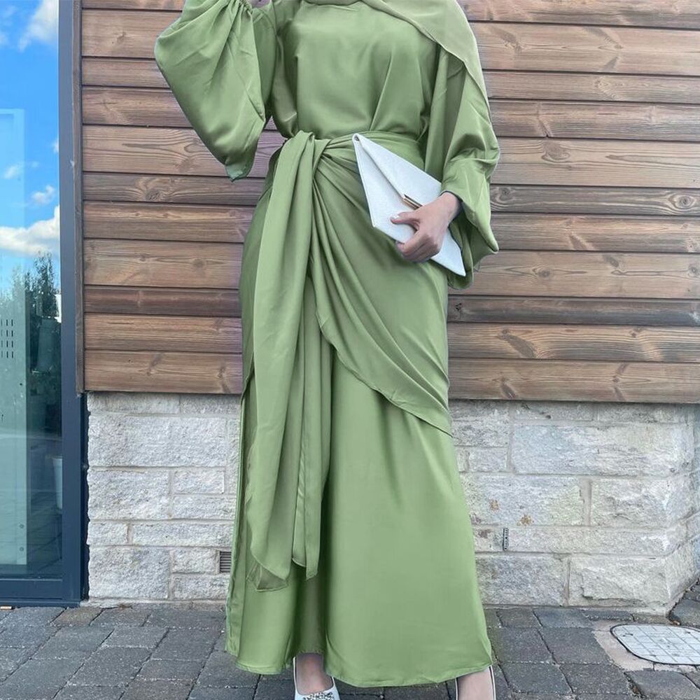 1590# 2pc Satin Abaya wrap skirt set islamic clothing modest women muslim dresses