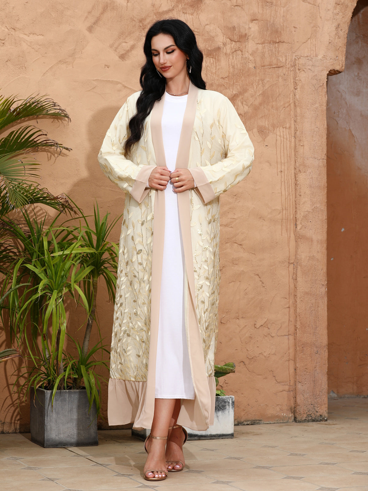 1511# Shiny Sequins Leaves Luxury Cardigan Muslim Islamic Elegant Women Abaya