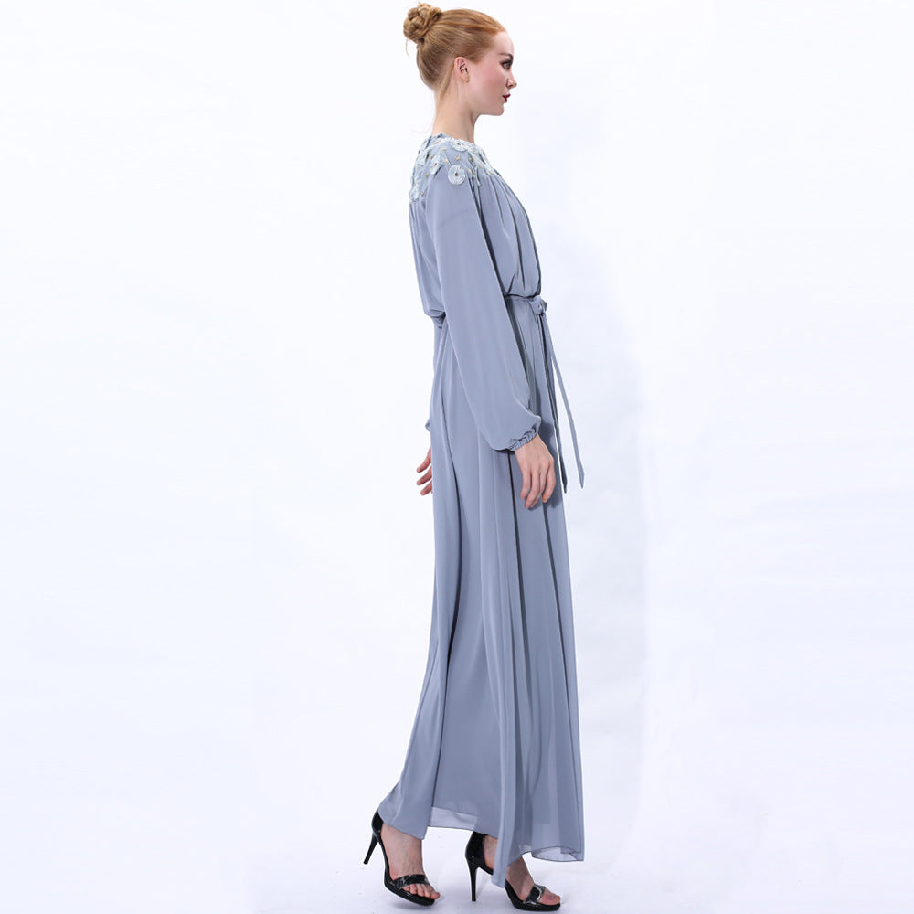 91226#Autumn new daisy long-sleeved chiffon solid color muslim dress abaya