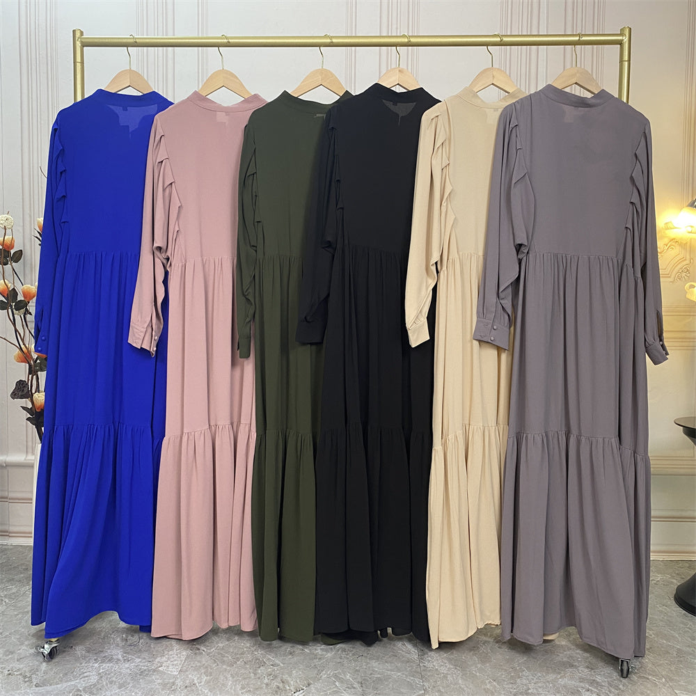 6633#New Solid Color High Quality Button Islamic Clothing Muslim Women Long Dress