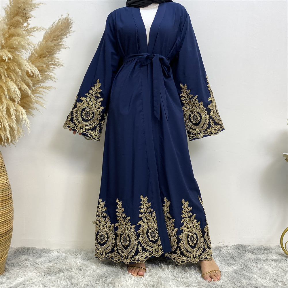 495#Stunning Gold Embroidery Lace Occasion Abaya