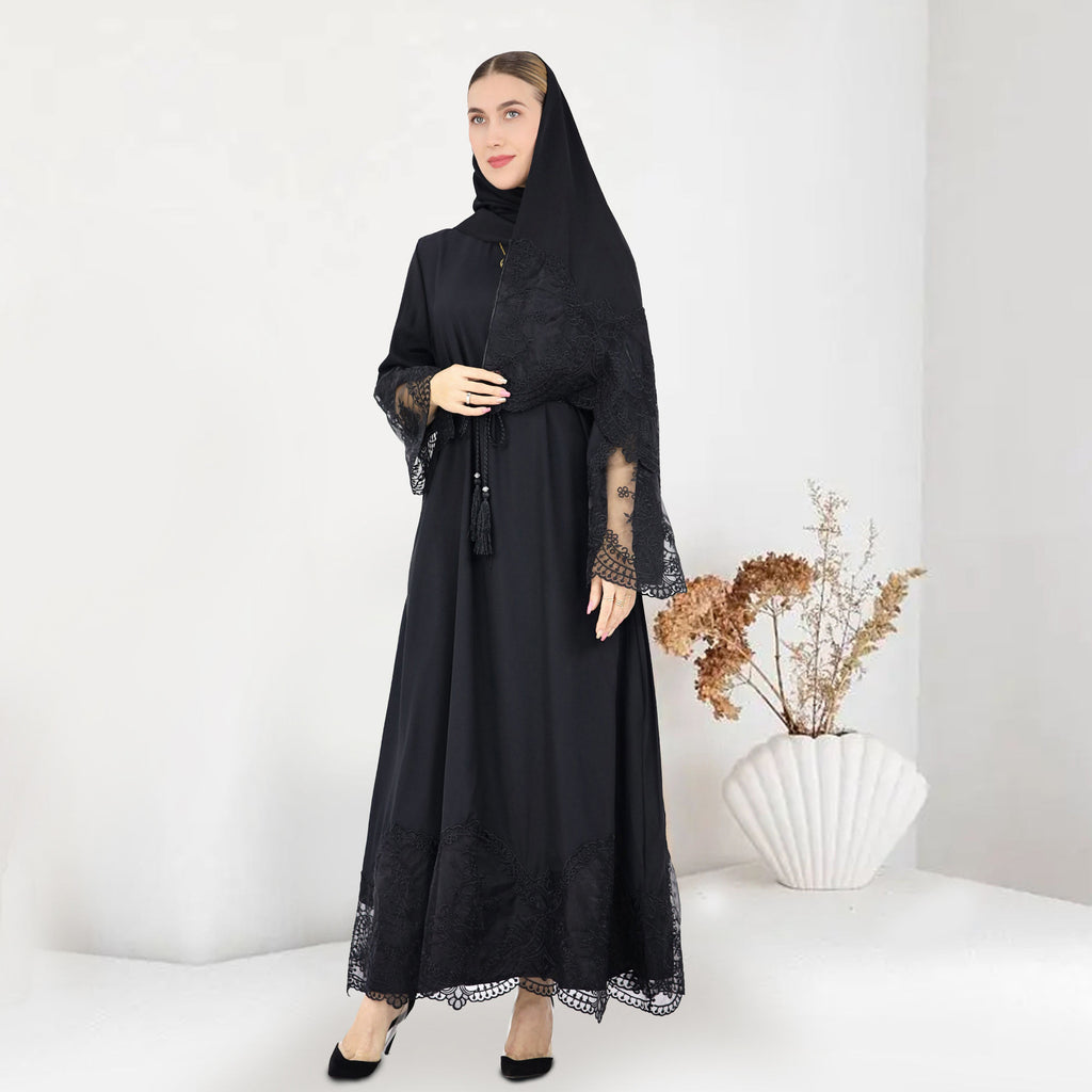 1575#Modest Abaya Dubai Abaya Muslim Dress With Lace Scarf Elegant Ladies Abaya