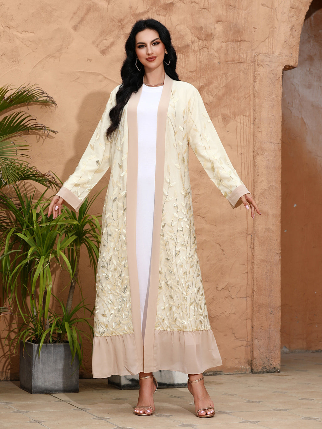 1511# Shiny Sequins Leaves Luxury Cardigan Muslim Islamic Elegant Women Abaya