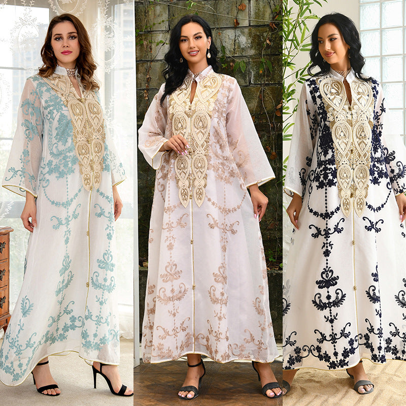 AB188#Dubai Arab Eid Al Fitr Middle East Gold Sequin Floral Embroidered Muslim Woman