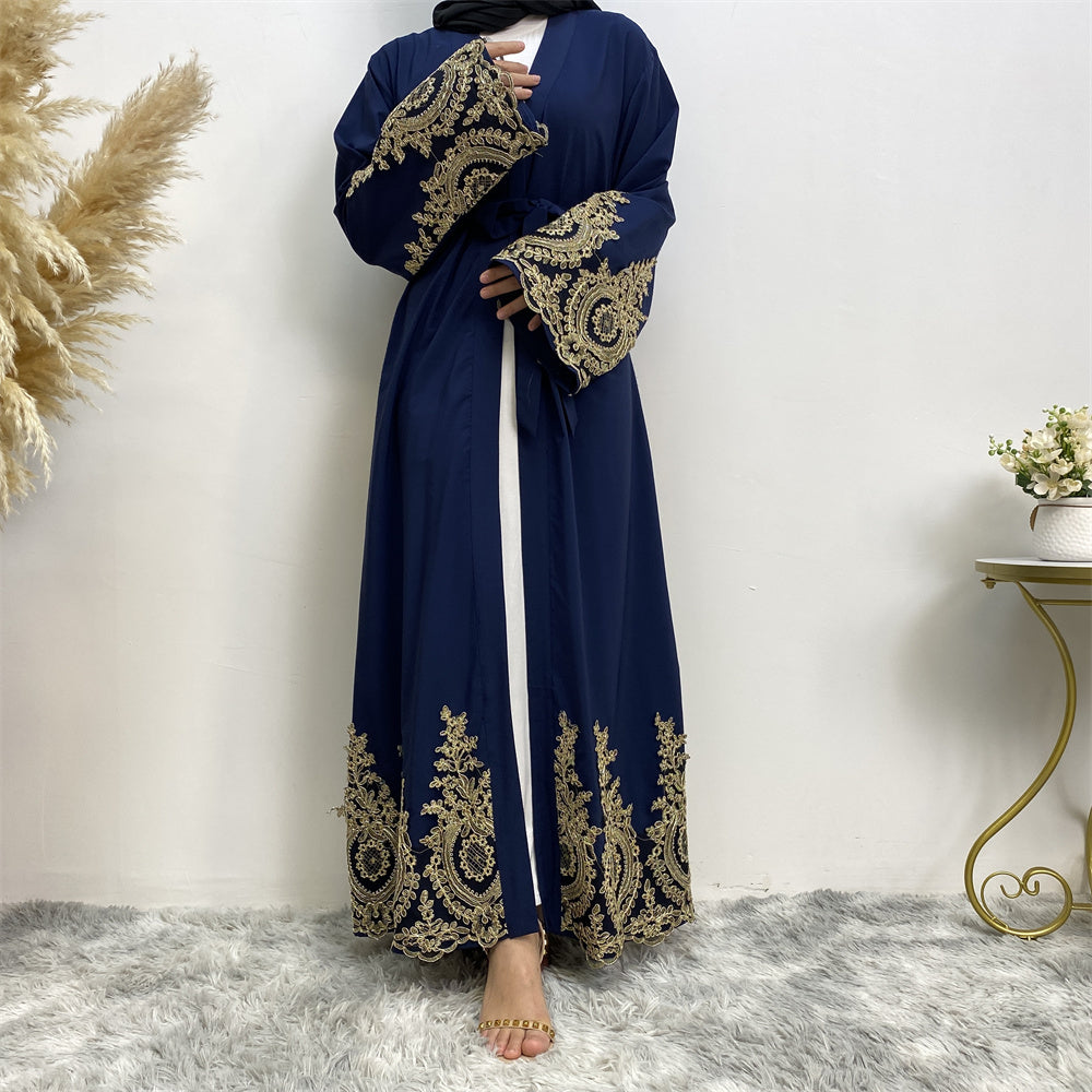 495#Stunning Gold Embroidery Lace Occasion Abaya