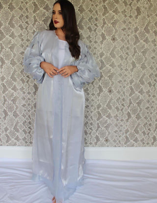 1519#Dubai style 2 layer organza women open abaya with ribbons sleeves