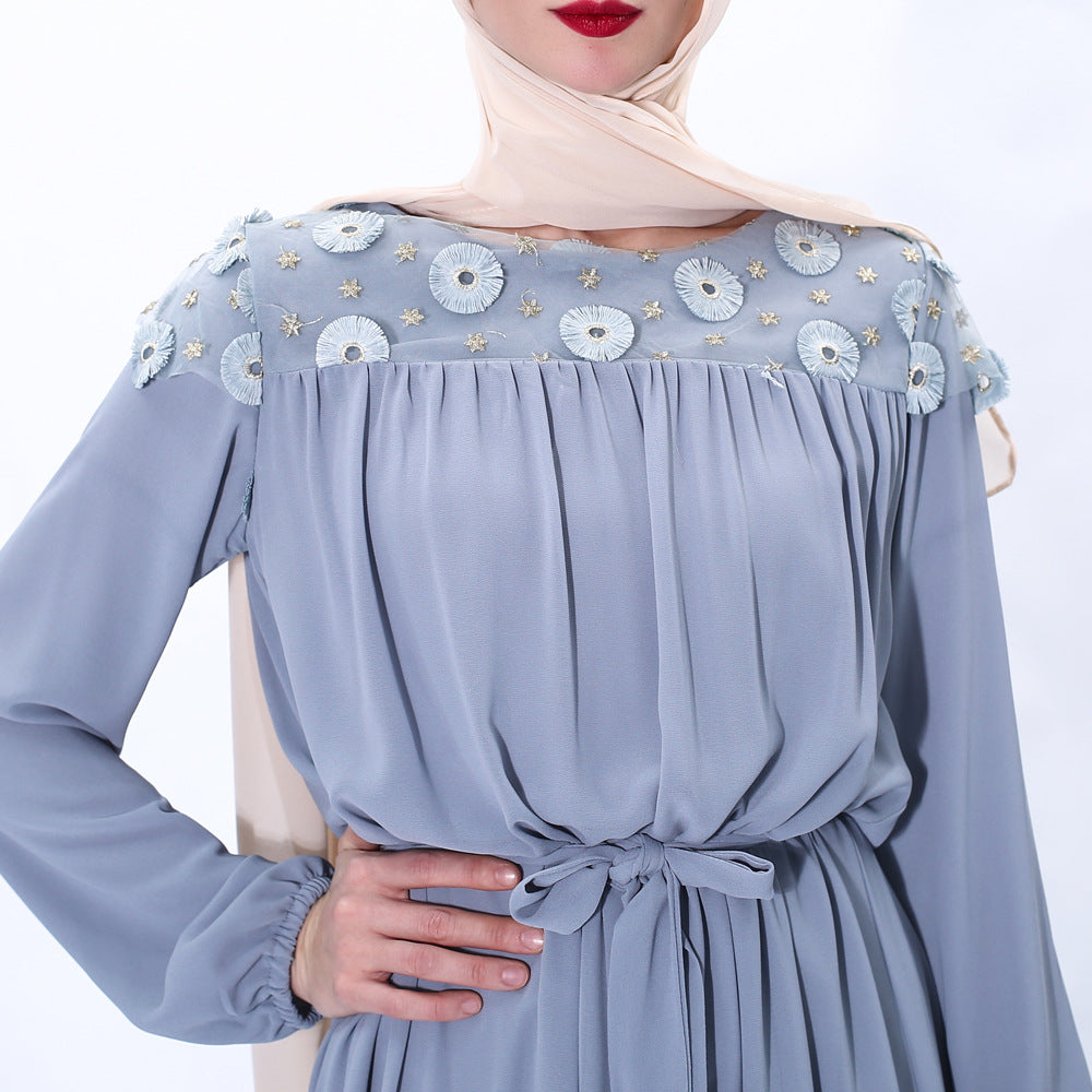 91226#Autumn new daisy long-sleeved chiffon solid color muslim dress abaya