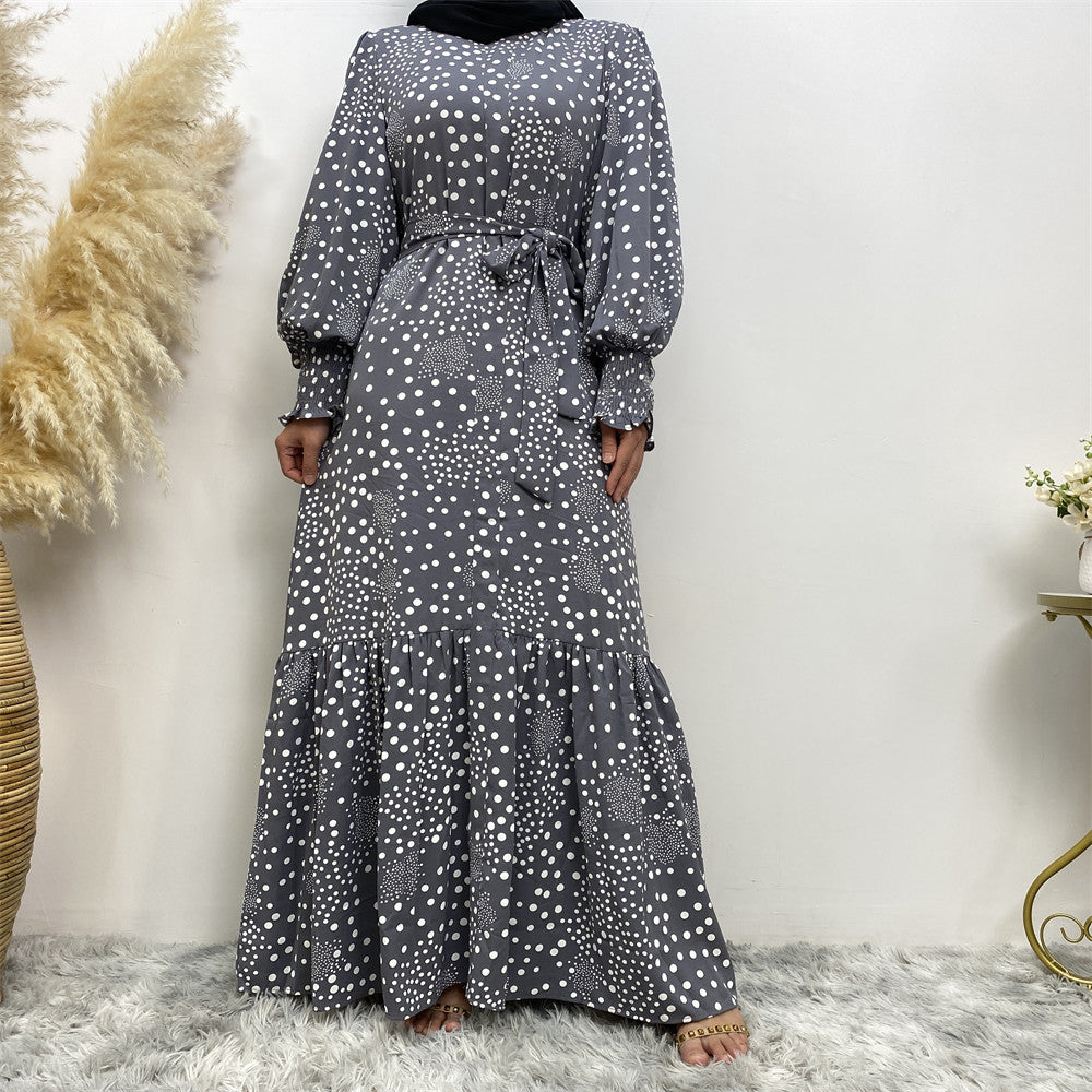 6541#Polka Dot Printed Maxi Dress Ladies Muslim Abaya Dresses Islamic Clothing