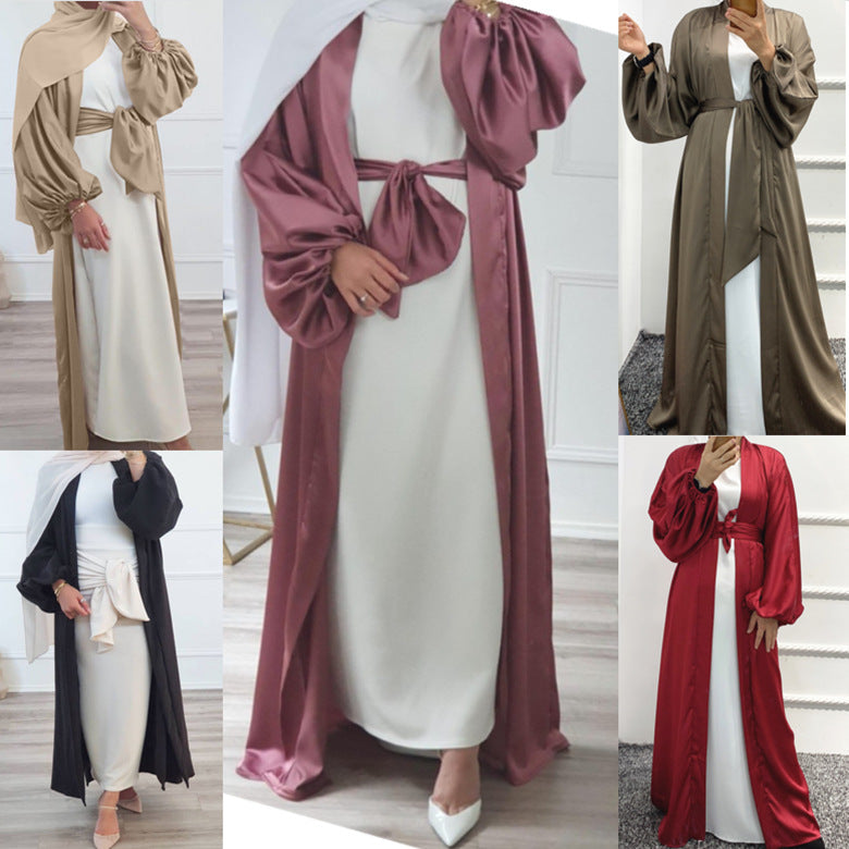 1431#Wholesale Dubai Satin Elegant Abaya Muslim Women Puff Sleeve Plus Size Abaya