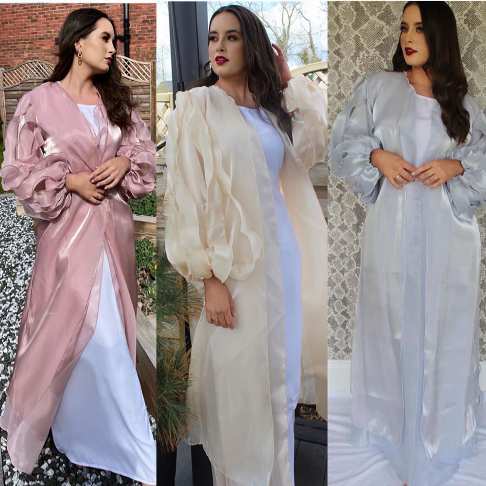 1519#Dubai style 2 layer organza women open abaya with ribbons sleeves