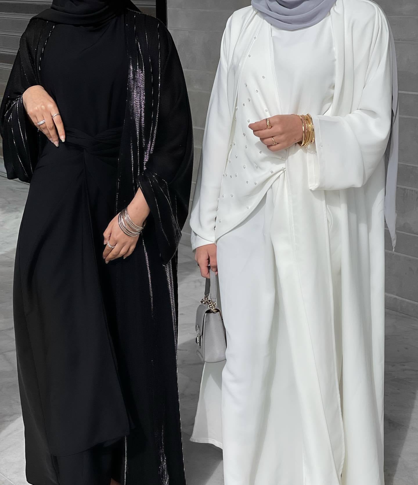 1516#2pcs Open Abaya Set Solid Color with Pearls Decoration Fashion Dress
