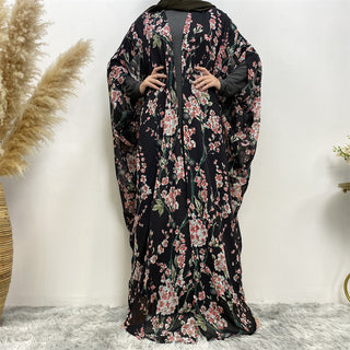 610#Summer lightweight pretty floral long robe chiffon sleeveless open abaya