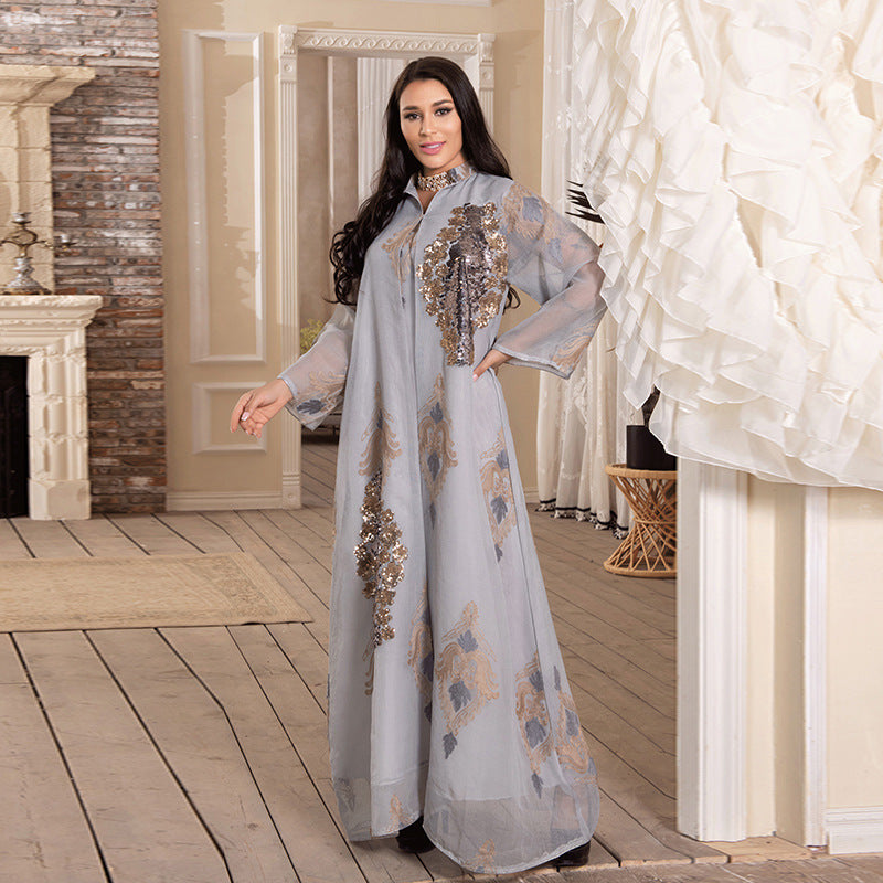AB104#Middle East women's clothing Muslim evening dress Sequin embroidered mesh women's dress