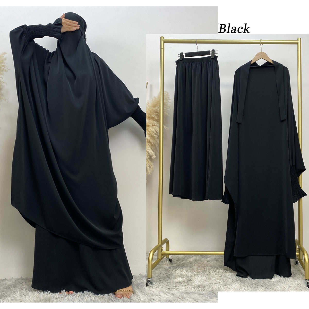 6608#Modest khimar hijab abaya premium quality 2 pcs sets frill elasticated cuff Jilbab_ prayer abayas