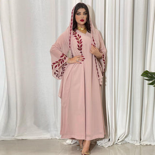 001#Chiffon Long Muslim Embroidery Round Neck Dress With Scarf