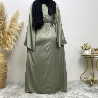 479# Luxury  Satin Dress Loose Sleeves With Gold Leaves Elegant Women Fashion Dress