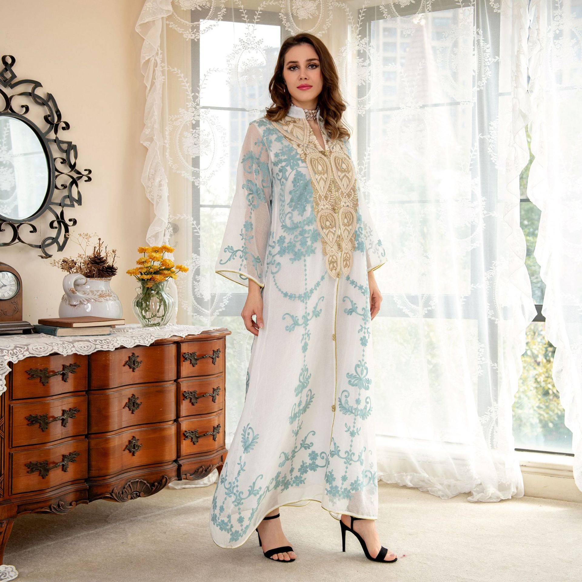 AB188#Dubai Arab Eid Al Fitr Middle East Gold Sequin Floral Embroidered Muslim Woman
