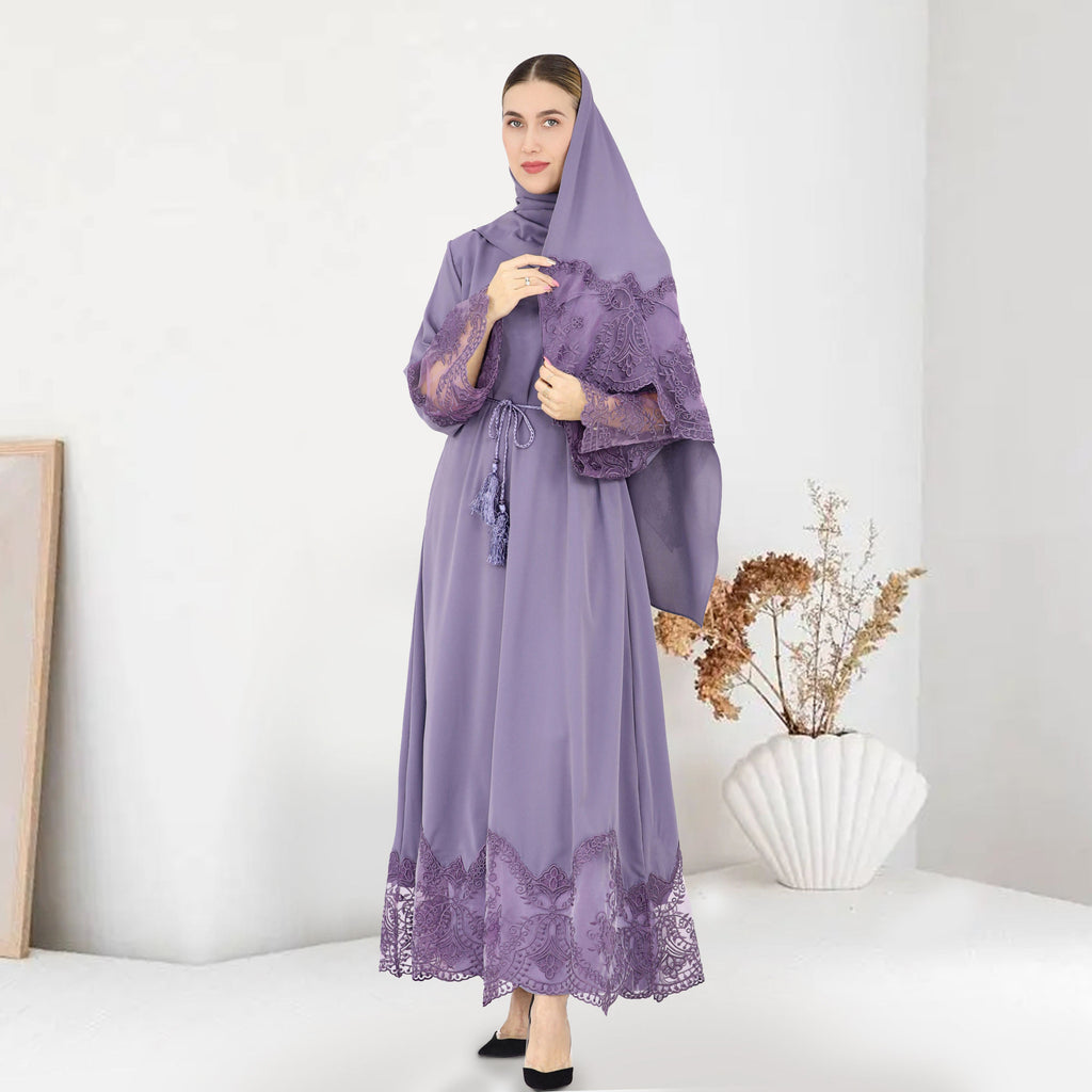 1575#Modest Abaya Dubai Abaya Muslim Dress With Lace Scarf Elegant Ladies Abaya