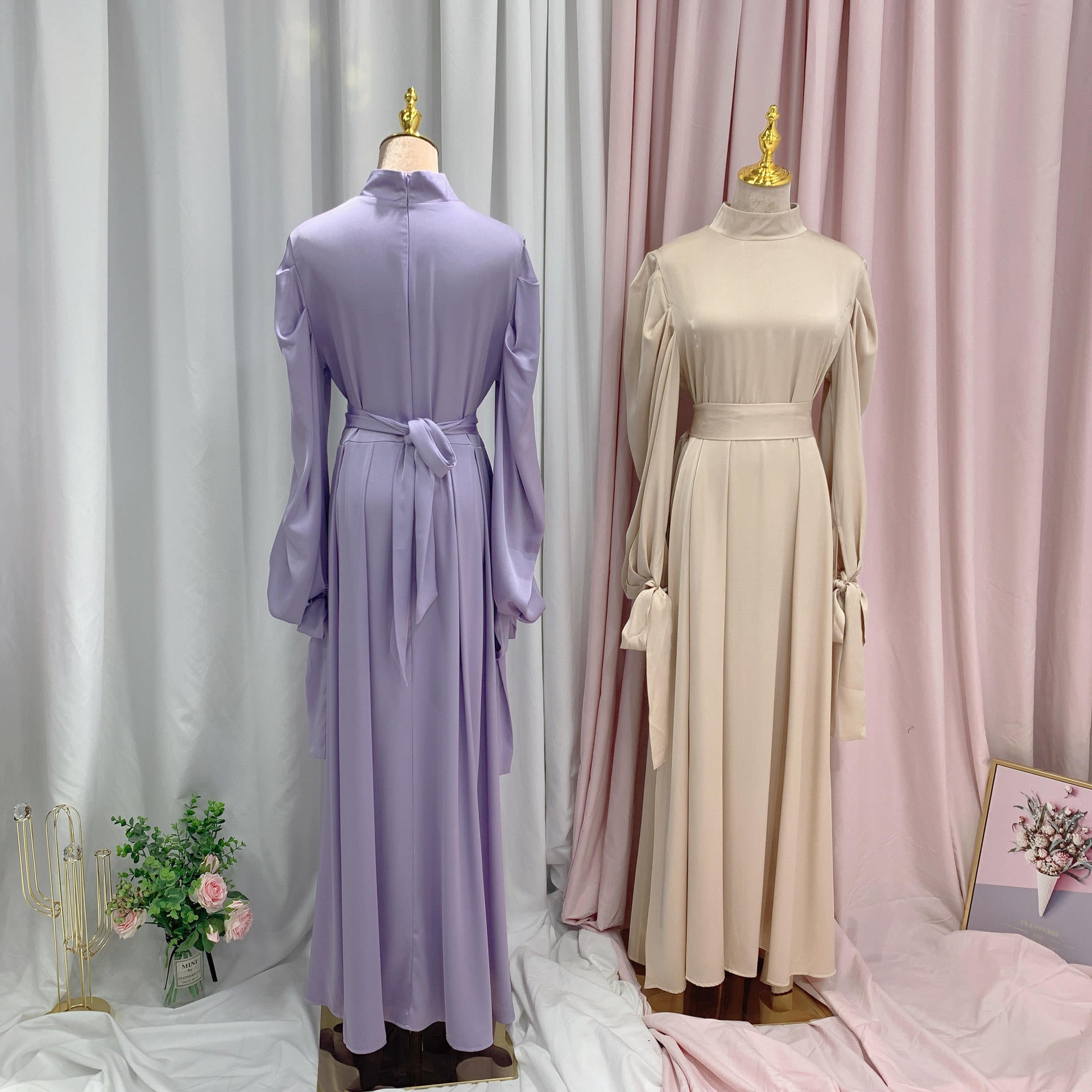 1488#Muslim dress elegant satin muslim prom dress with ribbon