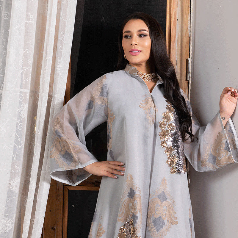 AB104#Middle East women's clothing Muslim evening dress Sequin embroidered mesh women's dress