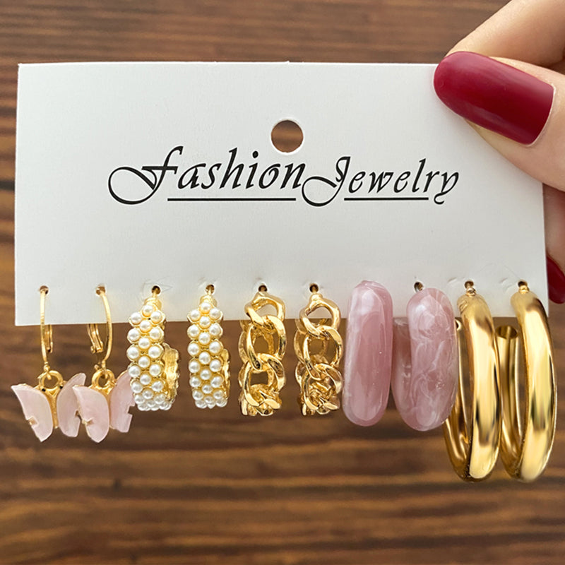 E9#Acrylic Pearl Gold Plated Earrings Circle Hoop Dangle Earrings for Women