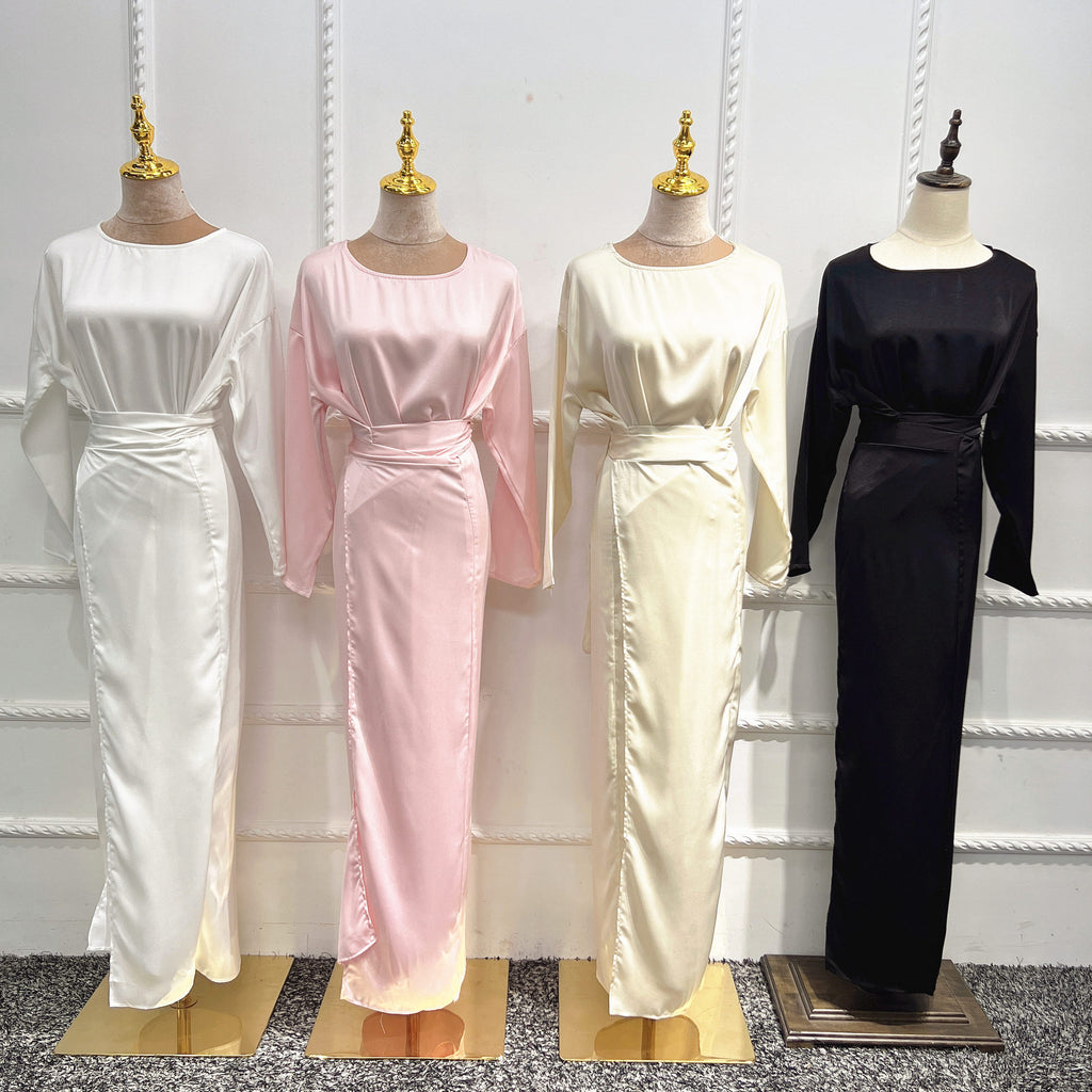 1505#Solid Color Islamic Clothing Modest Inner Dress with Two Long Ties
