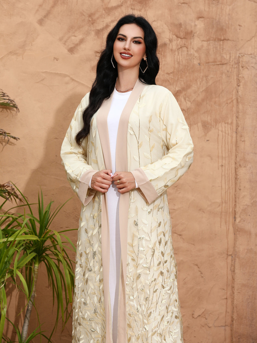 1511# Shiny Sequins Leaves Luxury Cardigan Muslim Islamic Elegant Women Abaya