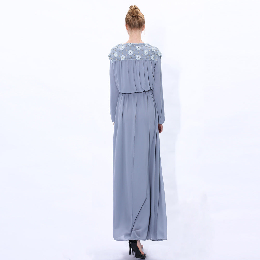 91226#Autumn new daisy long-sleeved chiffon solid color muslim dress abaya