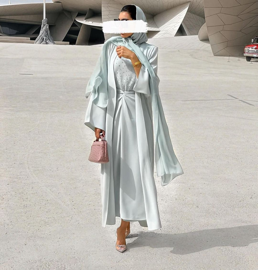1506#3pcs Set Kimono Muslim Matching Outfit Cardigan Dress Wrap Skirt Set