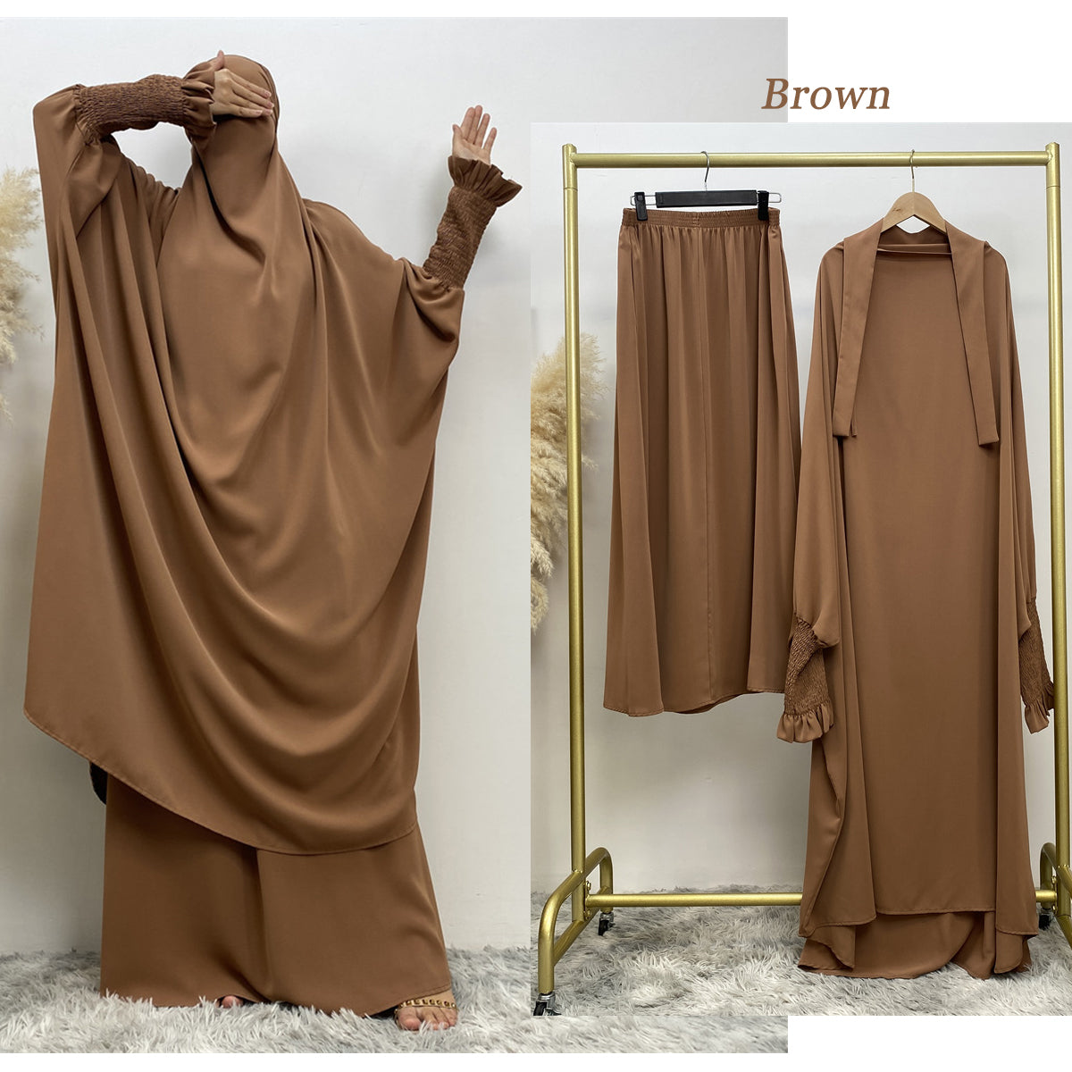 6608#Modest khimar hijab abaya premium quality 2 pcs sets frill elasticated cuff Jilbab_ prayer abayas
