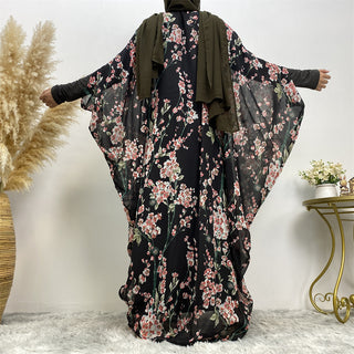 610#Summer lightweight pretty floral long robe chiffon sleeveless open abaya