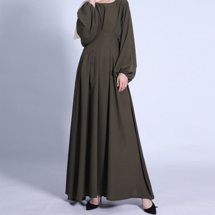 G1306#New loose waist dress solid color with sleeves