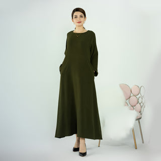 1593#On Sale Solid Color Long Sleeve Islamic Clothing Modest Closed Abaya Dress