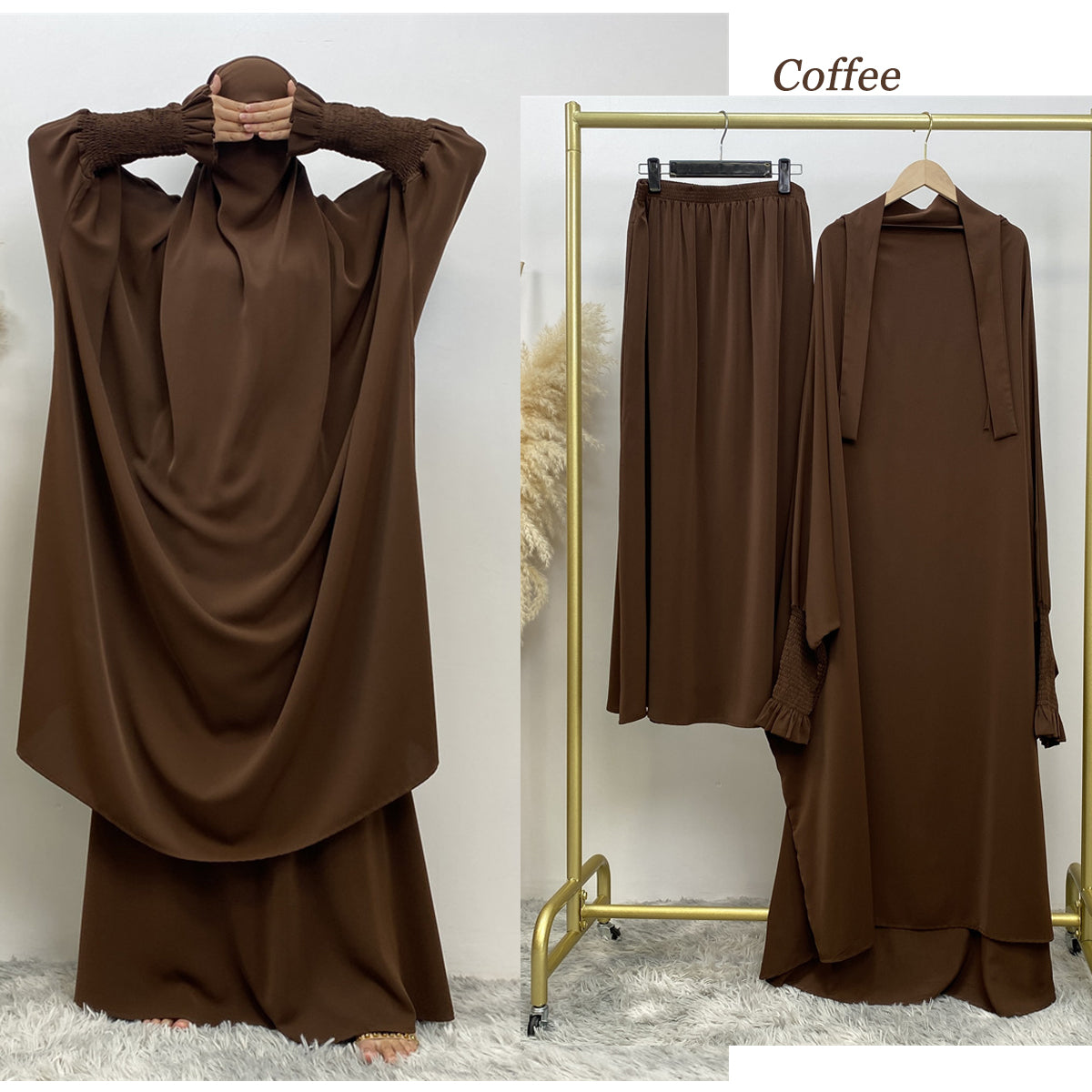 6608#Modest khimar hijab abaya premium quality 2 pcs sets frill elasticated cuff Jilbab_ prayer abayas