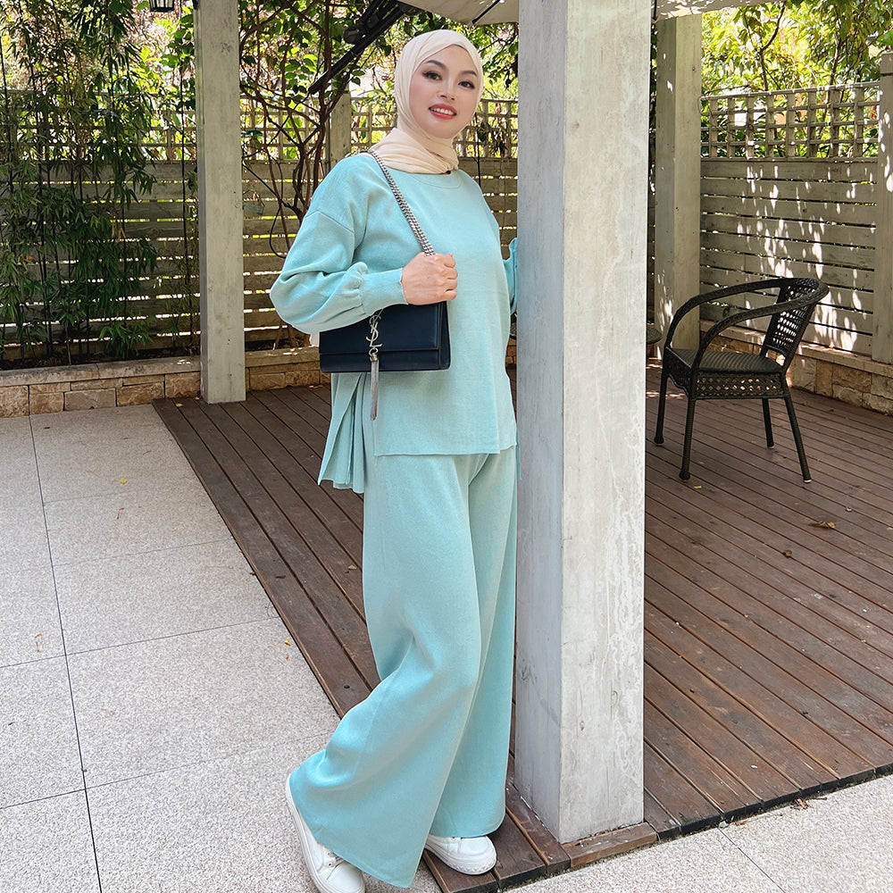 1535#Muslim Knitted Set Fall Winter Sweater and Pants Islamic Clothing Abaya