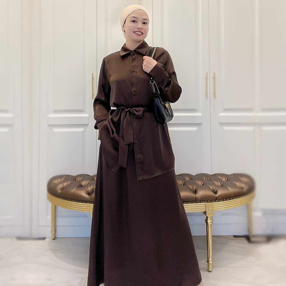 5A6F1#2pc muslim girls abaya set modern women satin blouse and skirt set