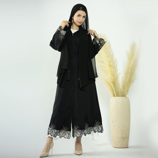 1579-1#Embroidery Classy Black Abaya Islamic fashion Open Cardigan EID Clothing