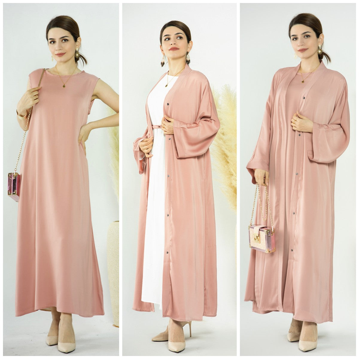 1582&1584#Slip Dress Inner Basic Sleeveless Maix Dress & Satin Abaya Islamic Clothing