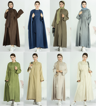 1573+1574#New EID Islamic Clothing Linen Solid Color Open Abaya